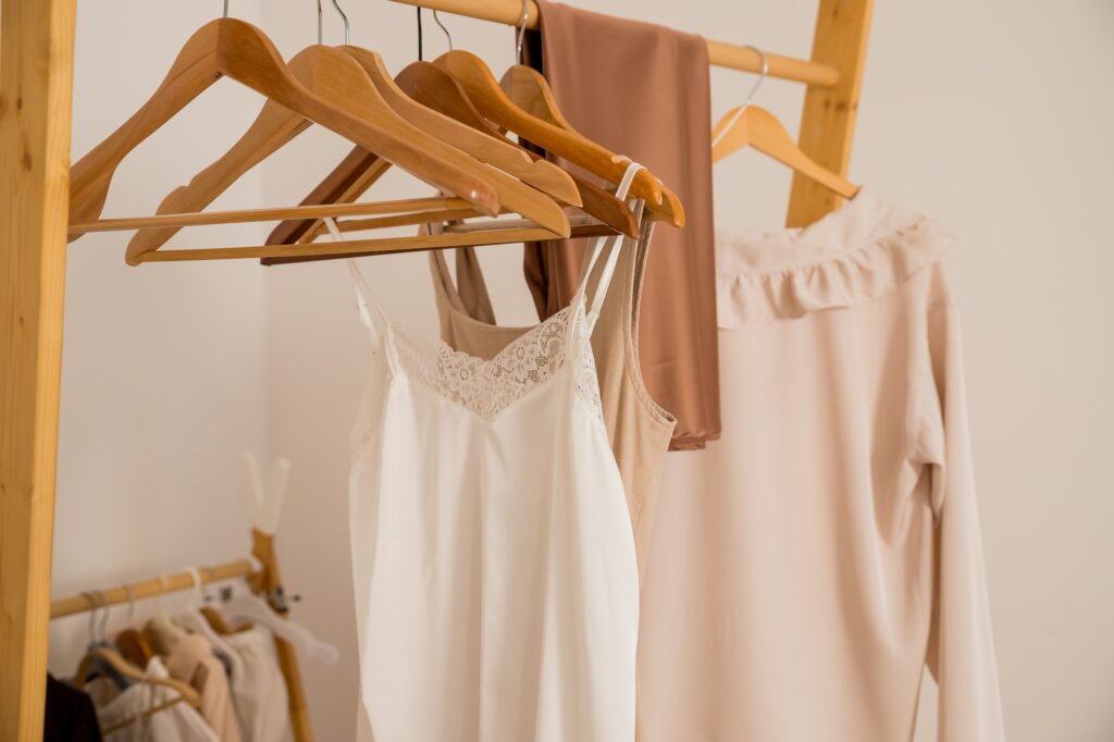 Clothing on hanger at the modern shop boutique Fashionable stylish womens clothing on a hanger